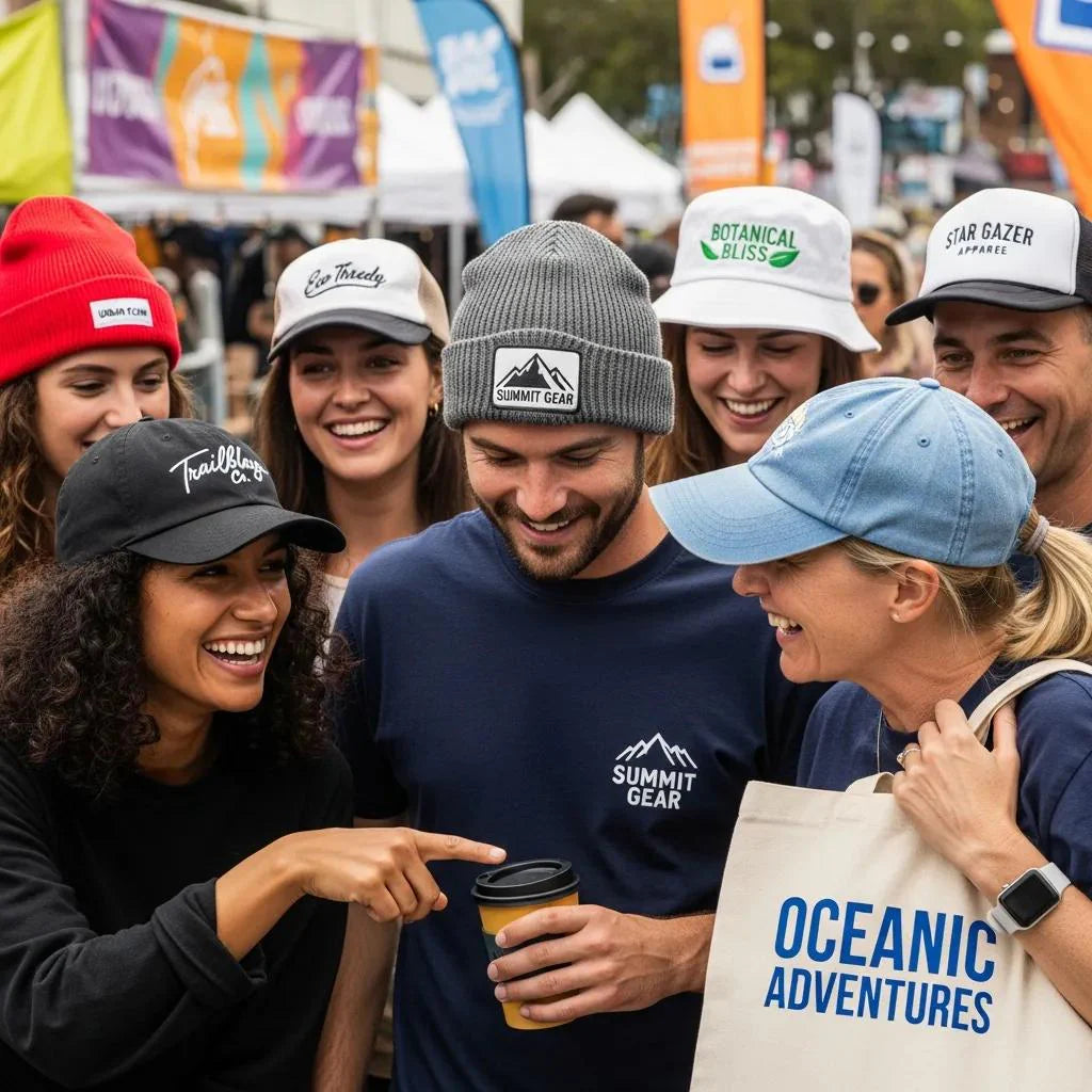 Custom branded caps, beanies, and headwear displayed in a lively promotional setting