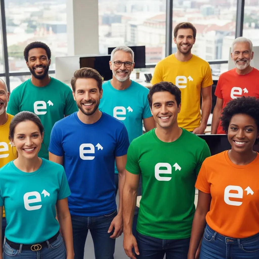 Group of employees in custom printed t-shirts showcasing corporate branding in an office setting